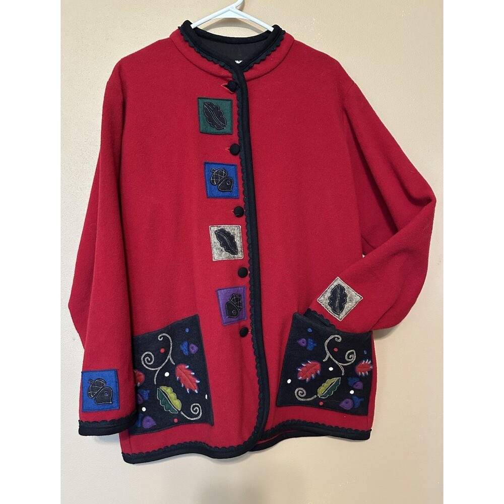 VTG LANYA Red Black Wool Jacket Gay Ellis Art USA Scandinavian Vermont Sweater